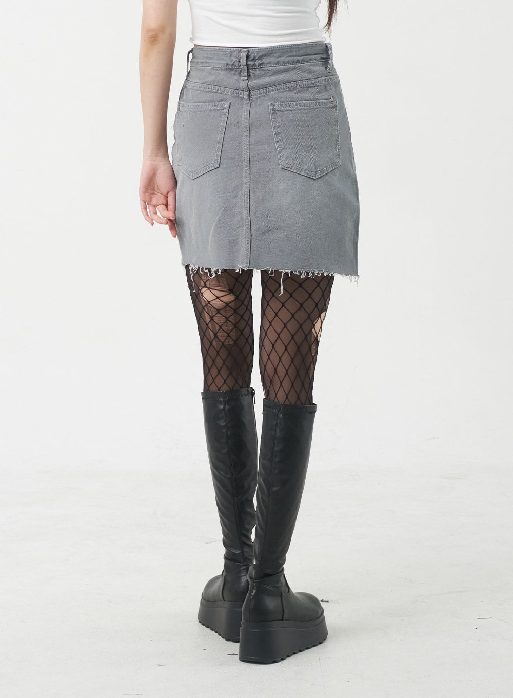 Denim skirt, black tights and grey suede boots | Emma Sanderson | Flickr