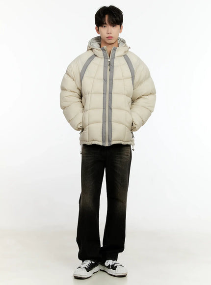 Men's Color Block Puffer Jacket (Light Beige) IO531