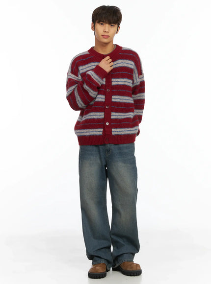 mens-striped-knit-cardigan-ij514 / Red
