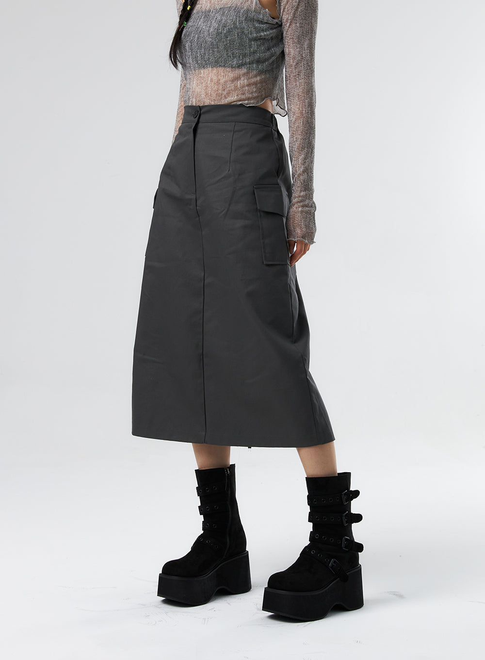 Simple High Waist Button Cargo Long Skirt CO05