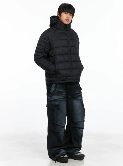 mens-square-quilted-hooded-puffer-jacket-ij512 / Black