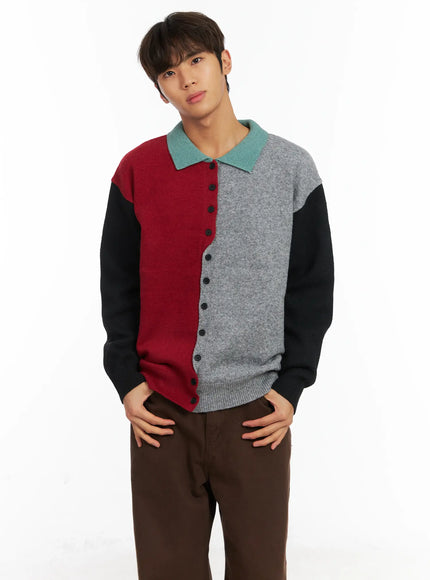mens-colorblock-collared-cardigan-id511 / Gray