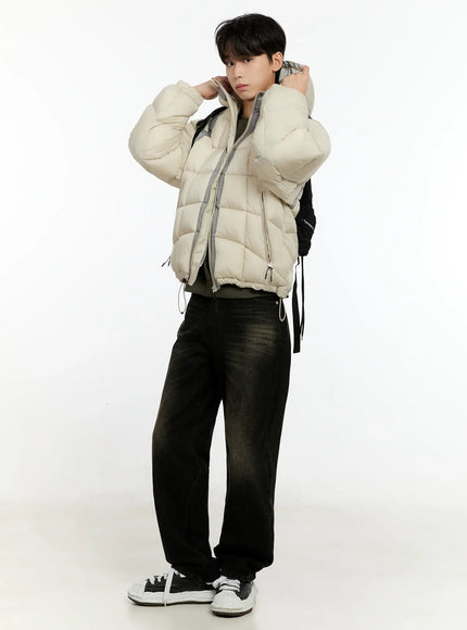 Men's Color Block Puffer Jacket (Light Beige) IO531