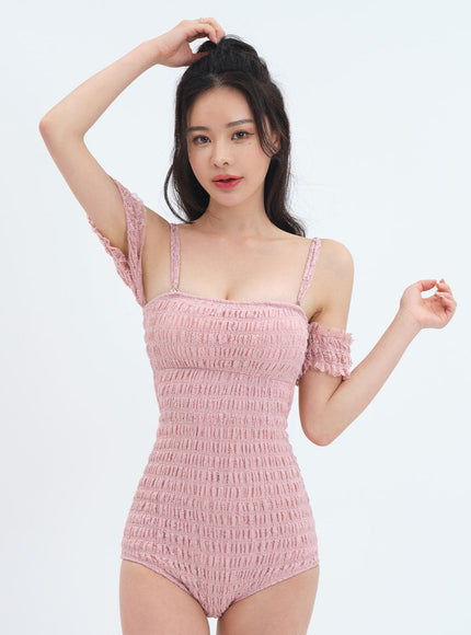 Off the Shoulder Shirring Detail One Piece Swimsuit