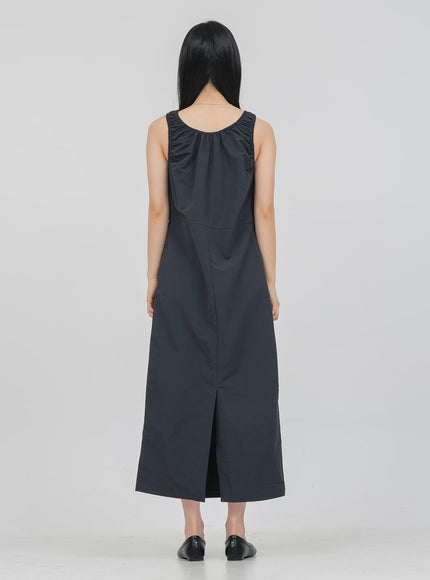 Round Neck Shirring Nylon Maxi Dress OA14