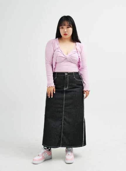 Plus Reverse Stitch Bleached Denim Maxi Skirt IY24