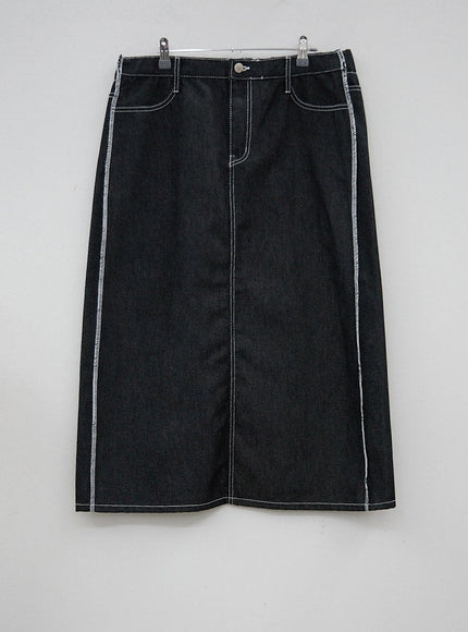 Plus Reverse Stitch Bleached Denim Maxi Skirt IY24