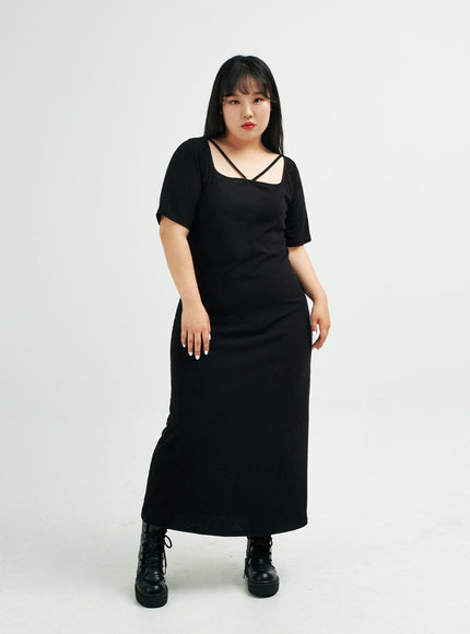 Plus Square Neck V Strap Maxi Dress IY24