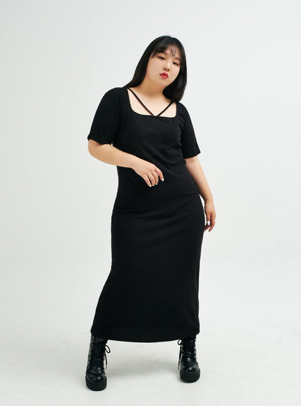 Plus Square Neck V Strap Maxi Dress IY24