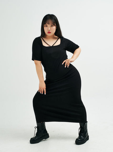 Plus Square Neck V Strap Maxi Dress IY24