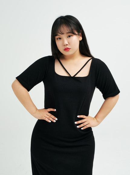 Plus Square Neck V Strap Maxi Dress IY24