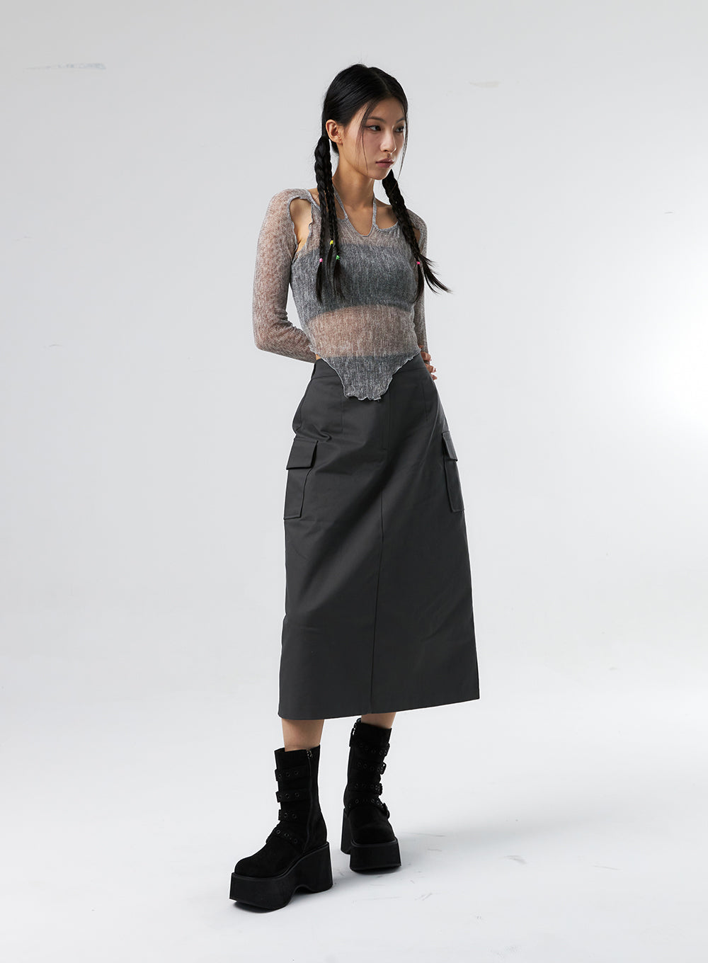 Simple High Waist Button Cargo Long Skirt CO05