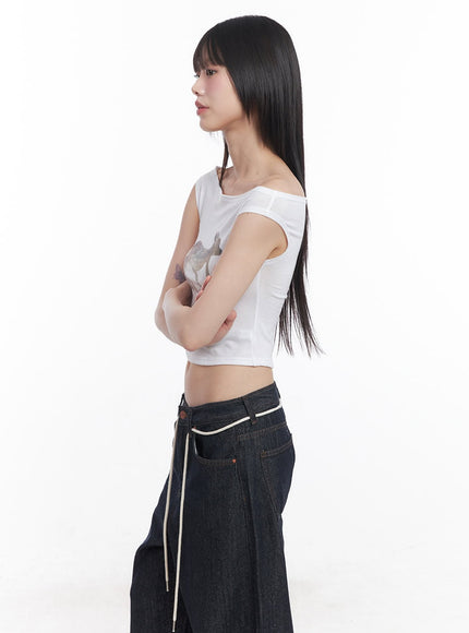 Cute Animal-Print  Graphic Off-Shoulder Crop Top CY521