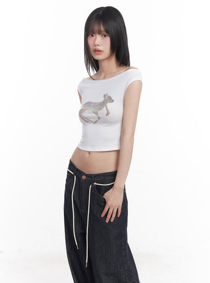 Cute Animal-Print  Graphic Off-Shoulder Crop Top CY521