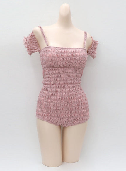 Off the Shoulder Shirring Detail One Piece Swimsuit