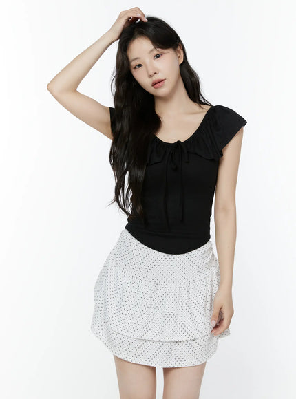 Frill Ribbon V-Neck Off-Shoulder Top IY507