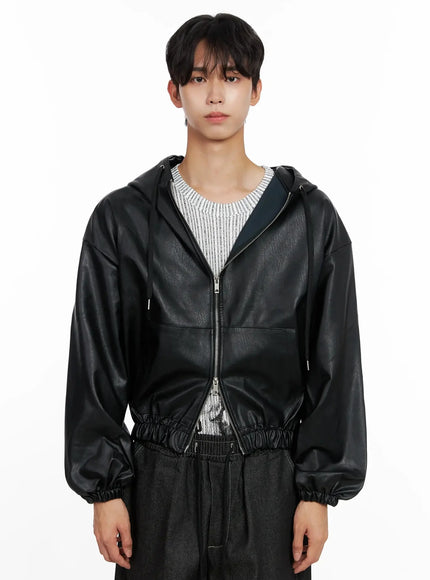 Men's Faux Leather Track Hooded Jacket IO516