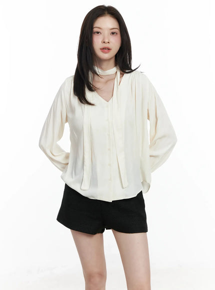 v-neck-shirred-blouse-and-scarf-set-if525