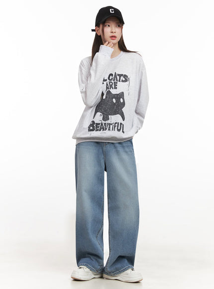 Oversized Cat Graphic Crew Neck IJ527