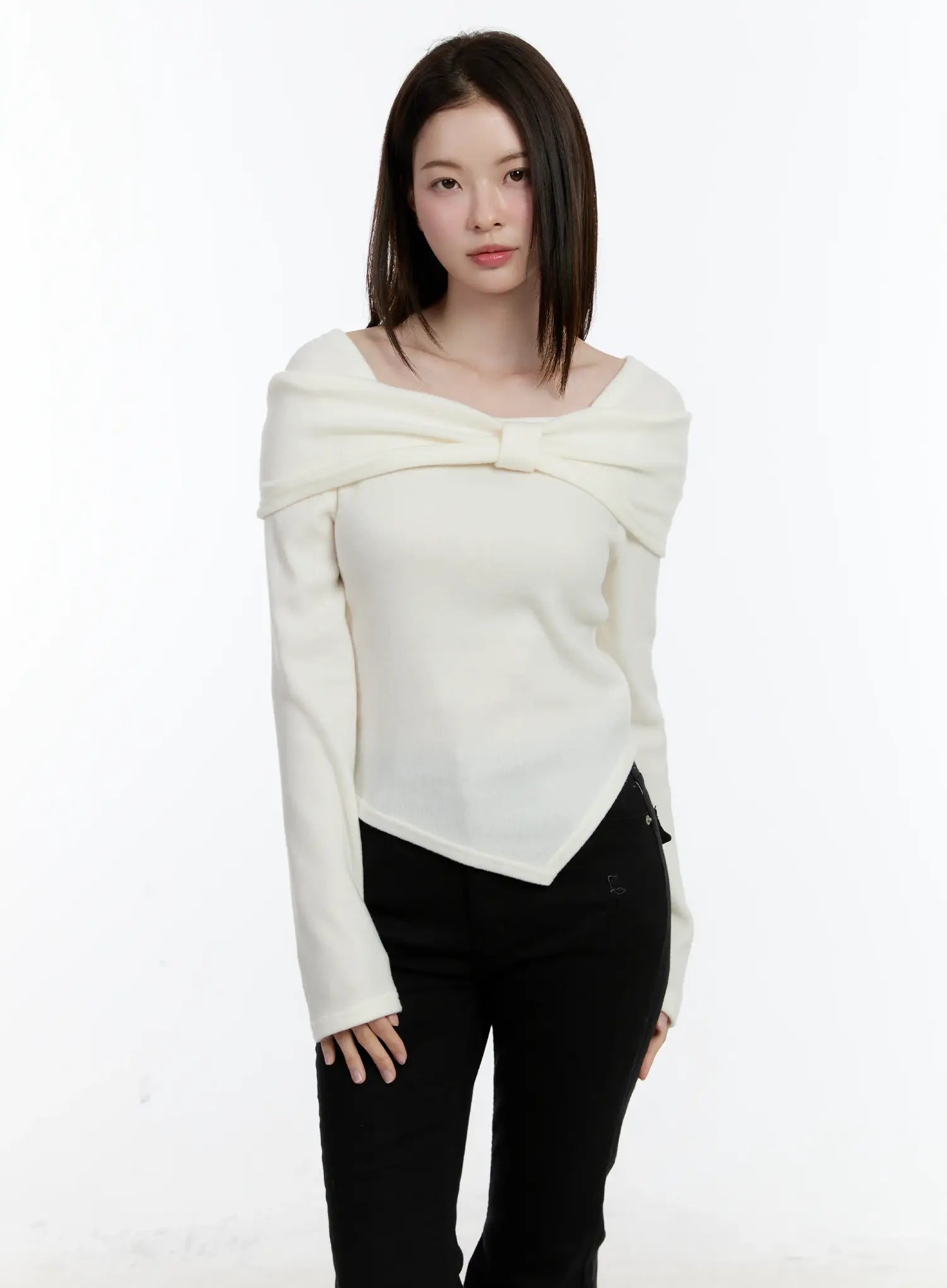 Off-Shoulder Knit Ribbon Top ID510 - Feminine style | LEWKIN Off-Shoulder Knit Ribbon Top ID510 - Feminine style | LEWKIN