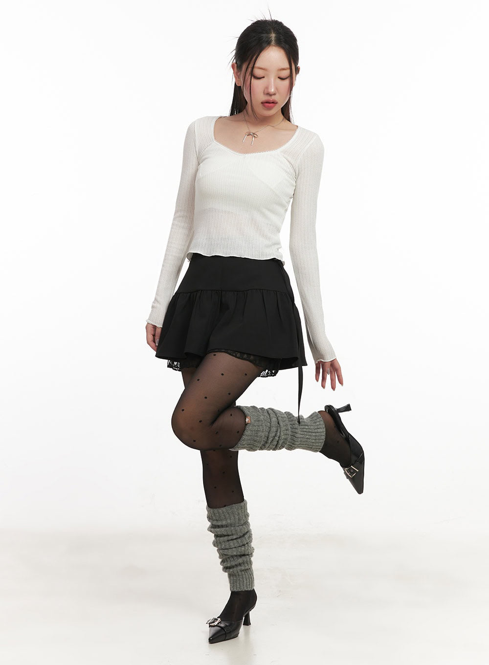 Ribbon Lace-Trim Long-Sleeve Top IM524