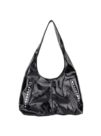glossy-faux-leather-studded-shoulder-bag-cm520 / Black