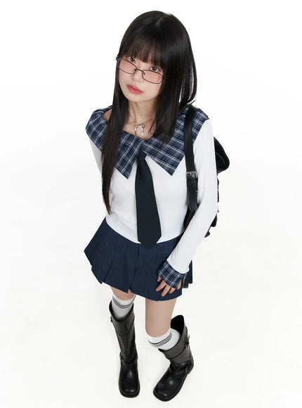 Plaid Off-Shoulder Long Sleeve Top IM523