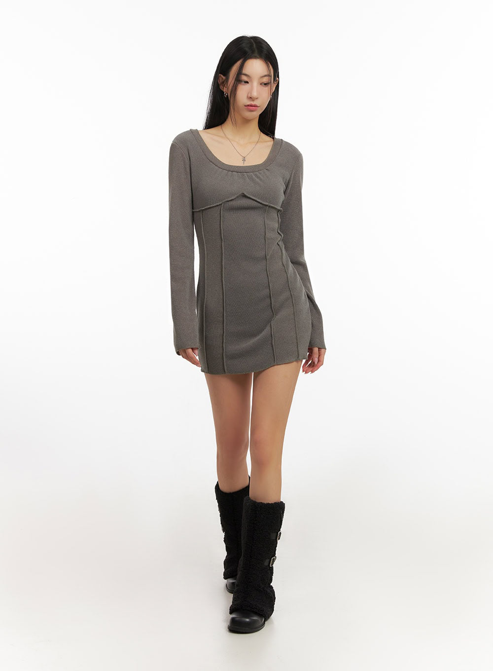 Cozy Long-Sleeve U-Neck Mini Dress ID431