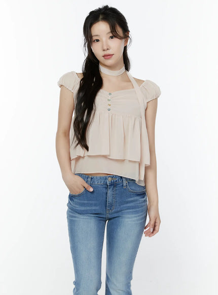 chiffon-layered-blouse-and-skinny-scarf-set-iy511