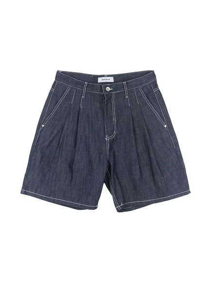 mens-pleated-denim-jorts-il517 / Dark blue