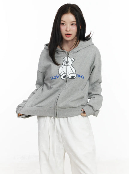 Teddy Bear Graphic Two-Way Zip-Up Hoodie IF525