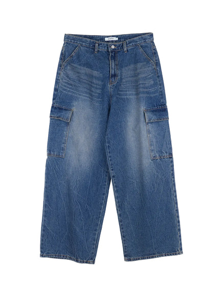 mens-wide-leg-cargo-denim-jeans-il518 / Blue