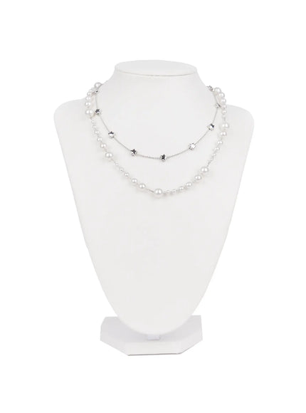 faux-pearl-charm-layered-necklace-in510 / Silver