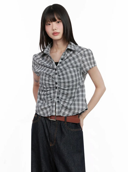 shirred-plaid-button-up-blouse-il531 / White