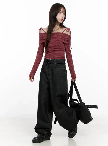 Knit Ribbon Strap Off-Shoulder Top IN514