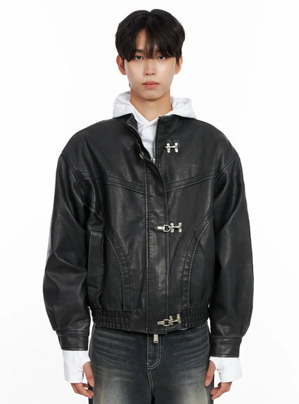 Men's Faux Leather Toggle Buckle Jacket IO517
