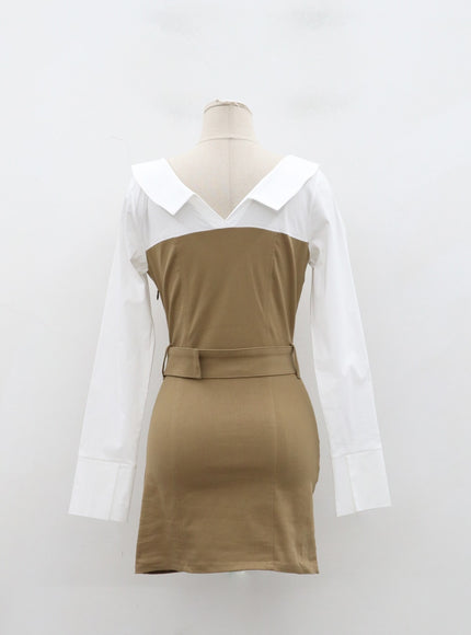 Layered V-Neck Button Belt Mini Dress ID29