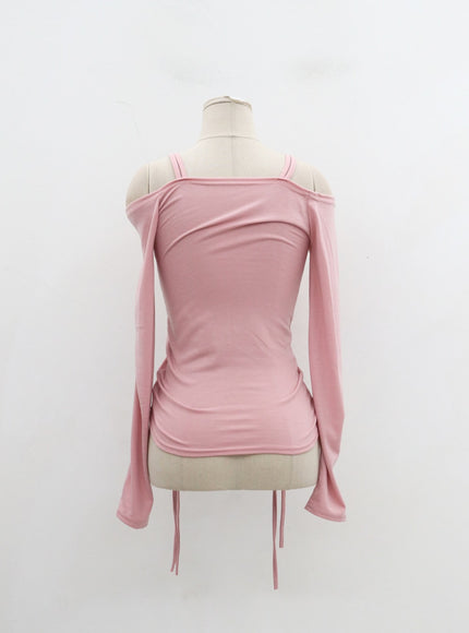 Off-Shoulder Double Front Tie Ruched Top IJ304