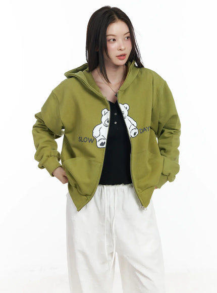 Teddy Bear Graphic Two-Way Zip-Up Hoodie IF525
