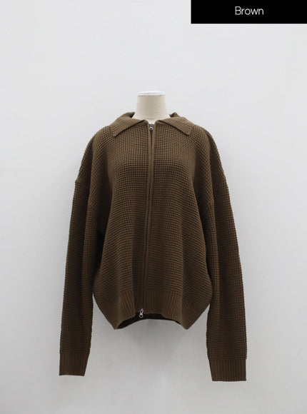 Plus Waffle Pattern Collared Two Way Zip-Up Knit