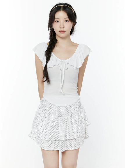 Frill Ribbon V-Neck Off-Shoulder Top IY507
