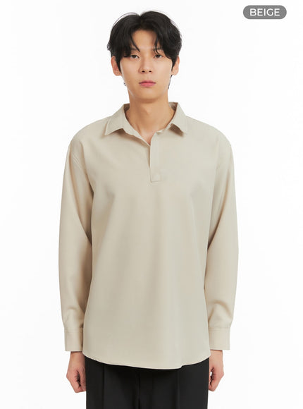 mens-solid-v-neck-long-sleeve-shirt-ia401 / Beige