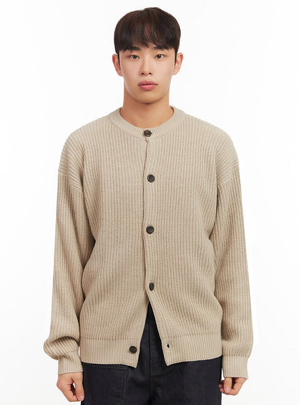 mens-ribbed-buttoned-round-neck-cardigan-if517 / Beige