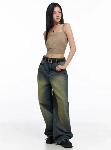 one-shoulder-asymmetric-striped-crop-top-is525 / Beige