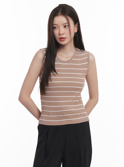stripe-slim-sleeveless-top-iy509 / dark beige