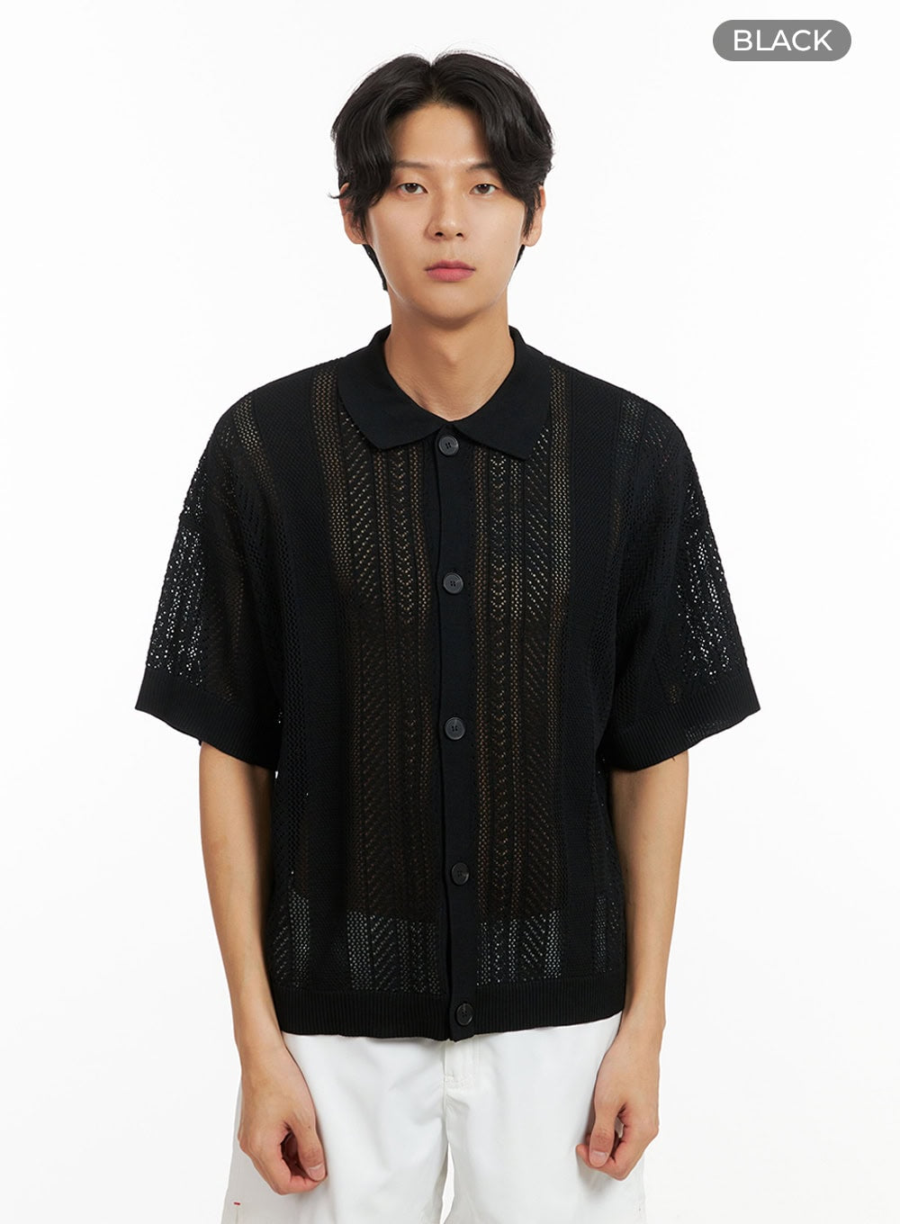 mens-short-sleeve-summer-knit-button-up-top-iy416 / Black