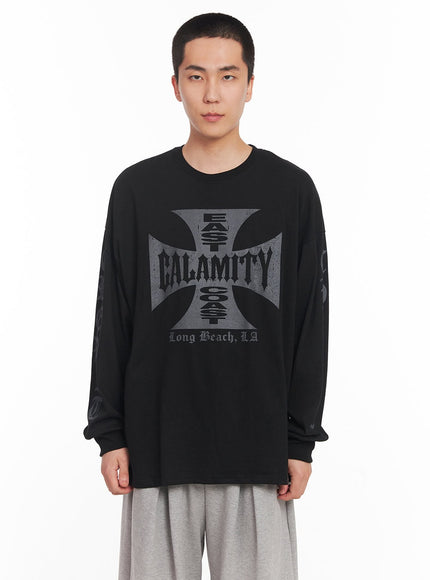 mens-cotton-graphic-long-sleeve-shirt-iy506 / Black