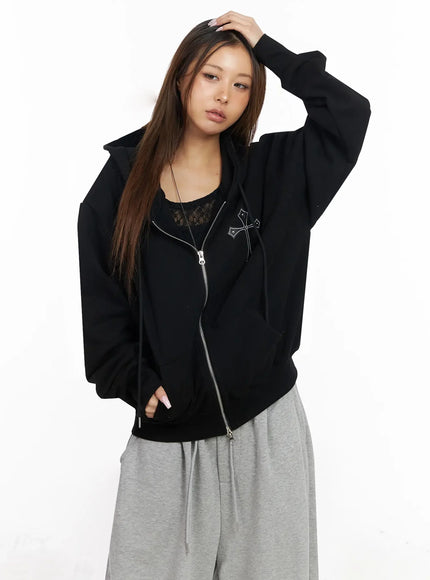 studded-cross-zip-hoodie-iy501 / Black