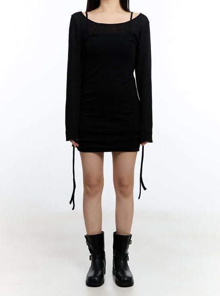 shirred-string-long-sleeve-mini-dress-iu503 / Black