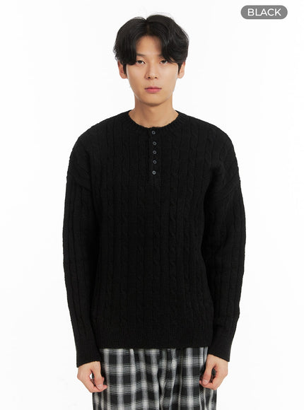 mens-cable-knit-buttoned-sweater-ia401 / Black